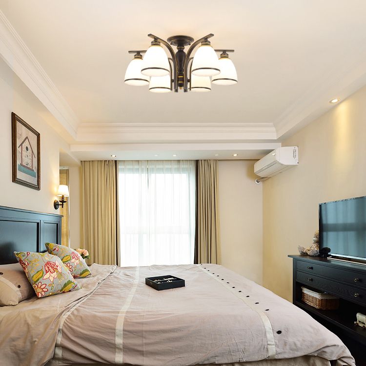 Lampe semi-encastrée en métal noir, éclairage de plafond traditionnel à plusieurs têtes avec abat-jour en verre cloche