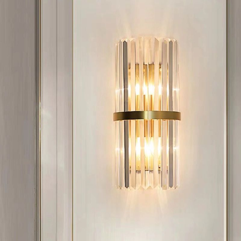 Gold Cylindrical Wall Lamp in Modern Luxury Style Carbon Steel Wall Sconce with Crystal Shade