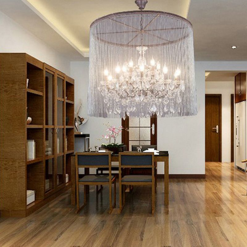 Crystal Candelabra Chandelier Retro 15 Heads Living Room Ceiling Light in Rust with Tassel Chain