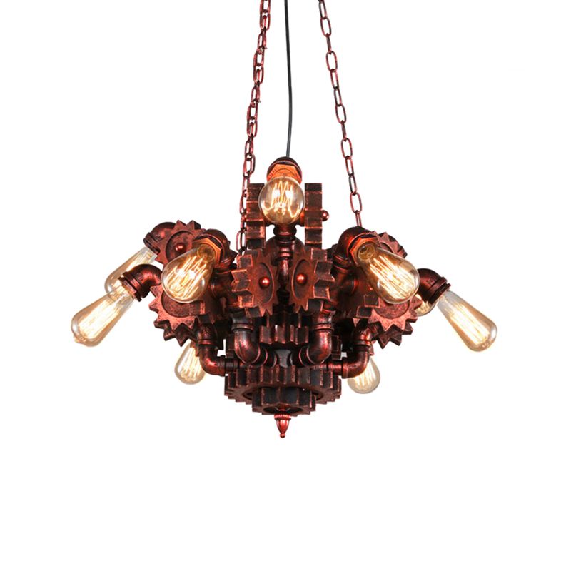 Gear Living Room Pendant Chandelier Vintage Wrought Iron 9 Lights Weathered Copper Hanging Fixture with Chain