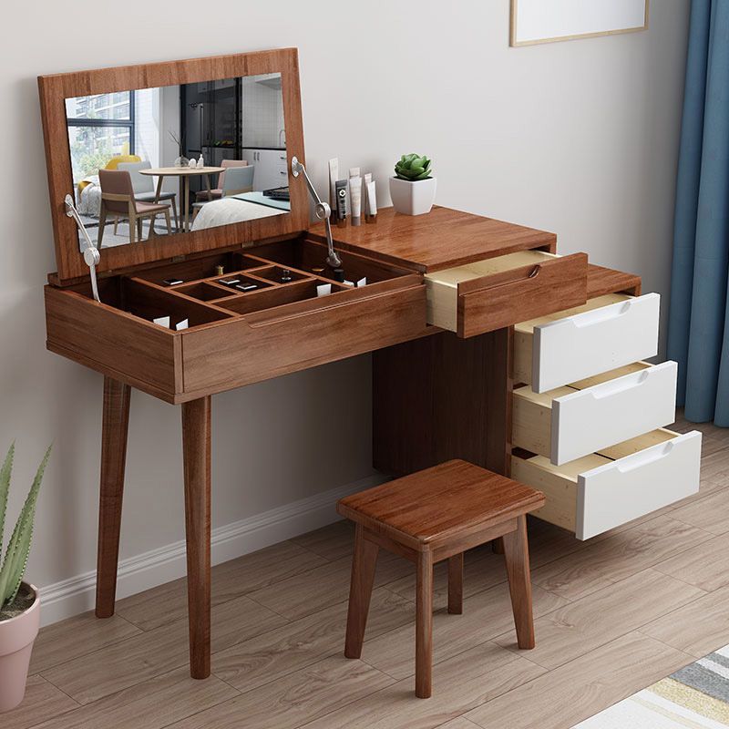 Scandinavian Wood Vanity Set Flip-Top Makeup Dressing Table with 4 Drawers