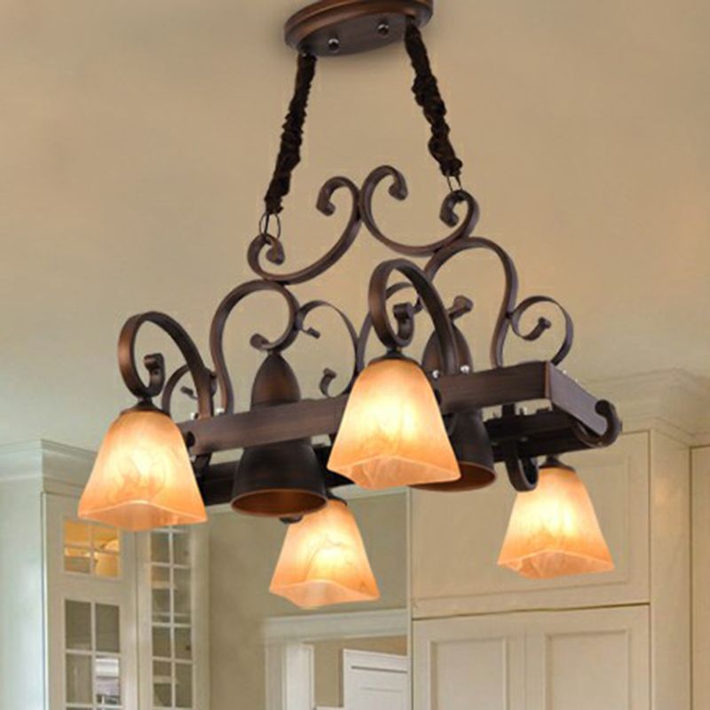 Swirled Arm Dining Room Chandelier Lighting Classic Metal Copper Pendant Light with Bell Beige Glass Shade