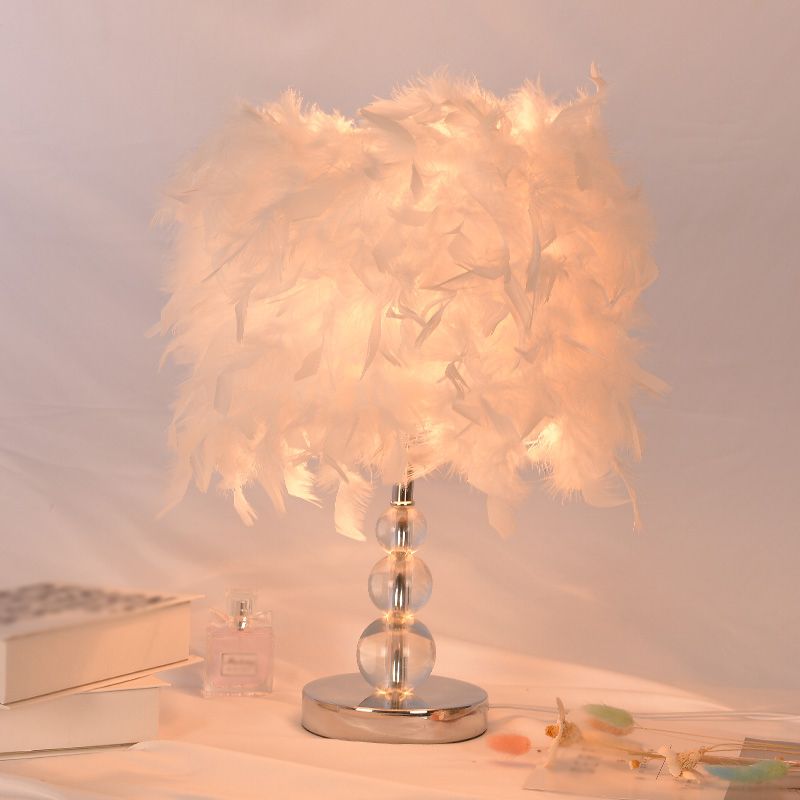 Minimalist Cylinder Night Light Feather 1 Head Bedroom Table Lamp in Red/Pink/Purple with Bubble Crystal Pedestal