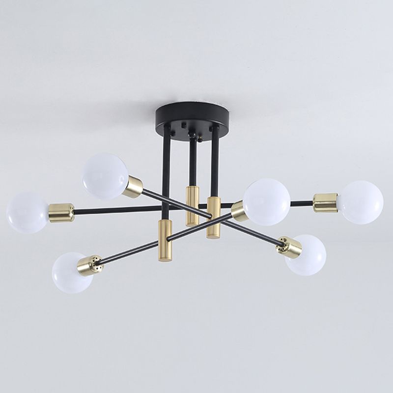 Black and Gold Semi Flush Mount in Industrial Creative Style Wrought Iron Radial Ceiling Light