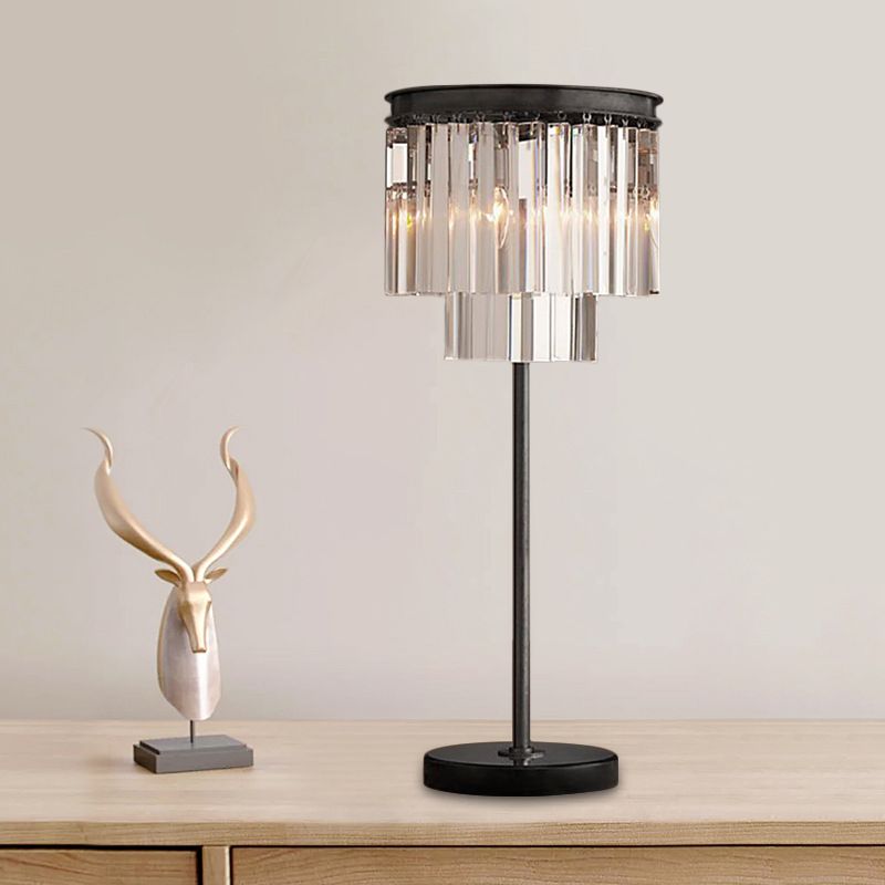 Simplicity Cylinder Shape Table Lamp Hand-Cut Crystal 3 Bulbs Reading Book Light in Black