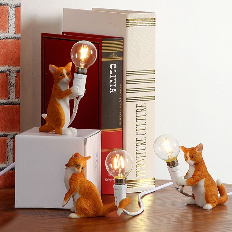 Tabby Cat Holder Table Lamp Kids Iron 1 Bulb Black/Yellow/Blue Nightstand Light with Bare Bulb Design