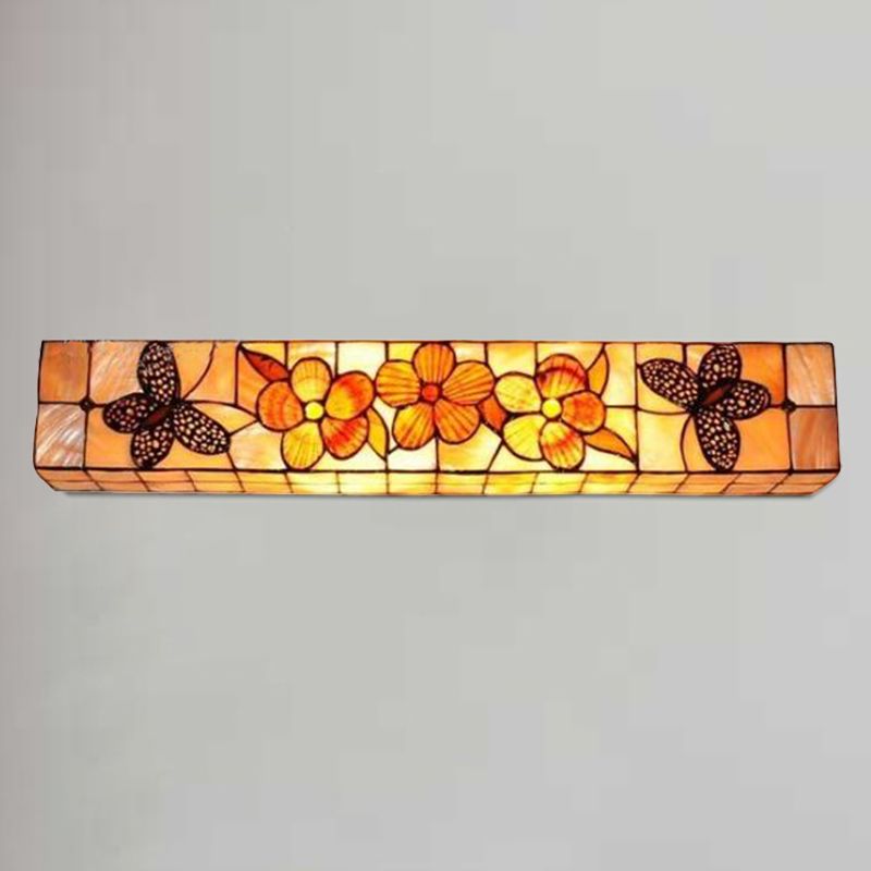 2 Lights Rectangle Wall Lighting with Flower and Butterfly Rustic Shell Wall Mount Light