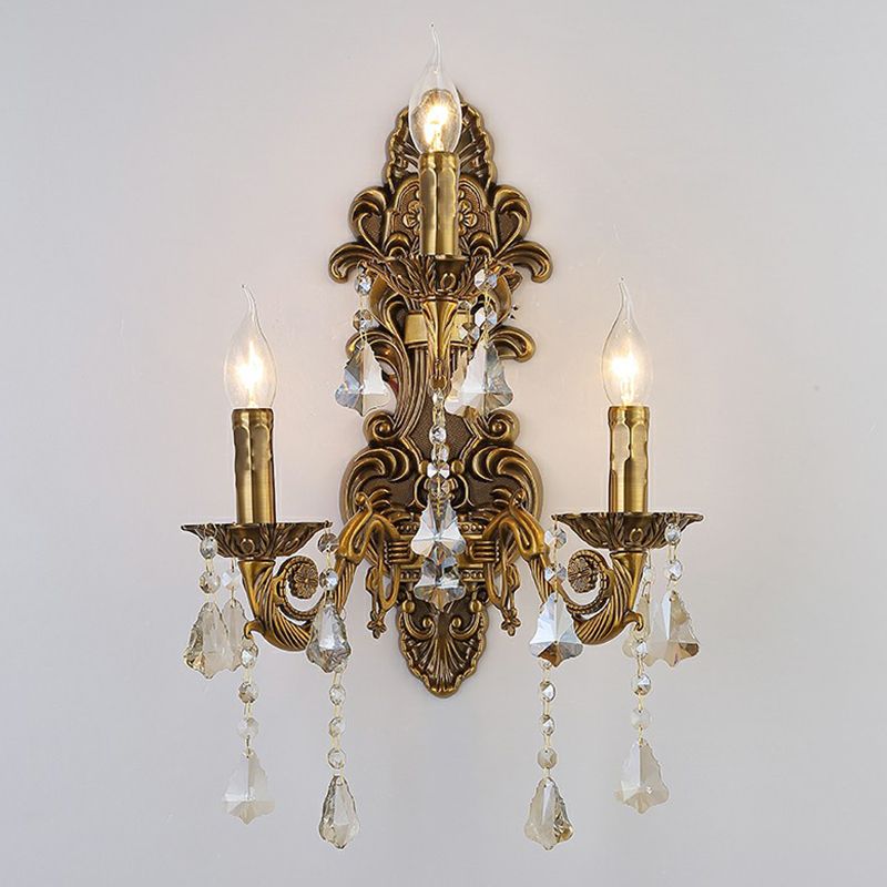 3-Light Candle Wall Sconce Antique Style Metallic Wall Mount Light with Crystal Droplet