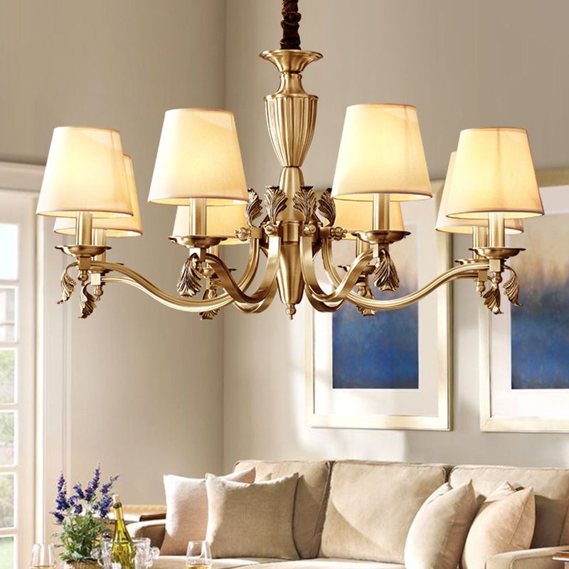 Brass Candelabra Ceiling Lighting Modern Metallic Chandelier Light Fixture with Tapered Fabric Shade