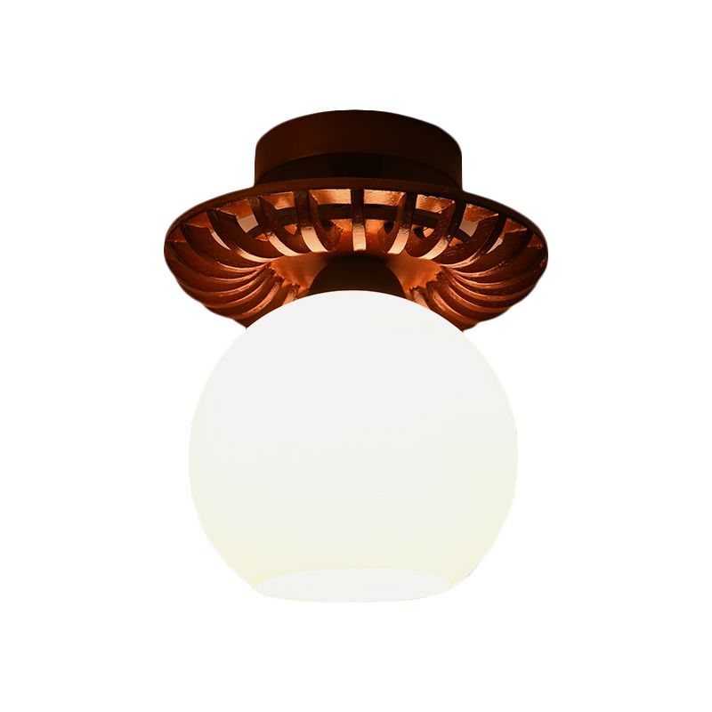 Brown Globe/Square Flush Mount Countryside Cream Glass 1 Head Corridor Flush Ceiling Light with Wood Frame