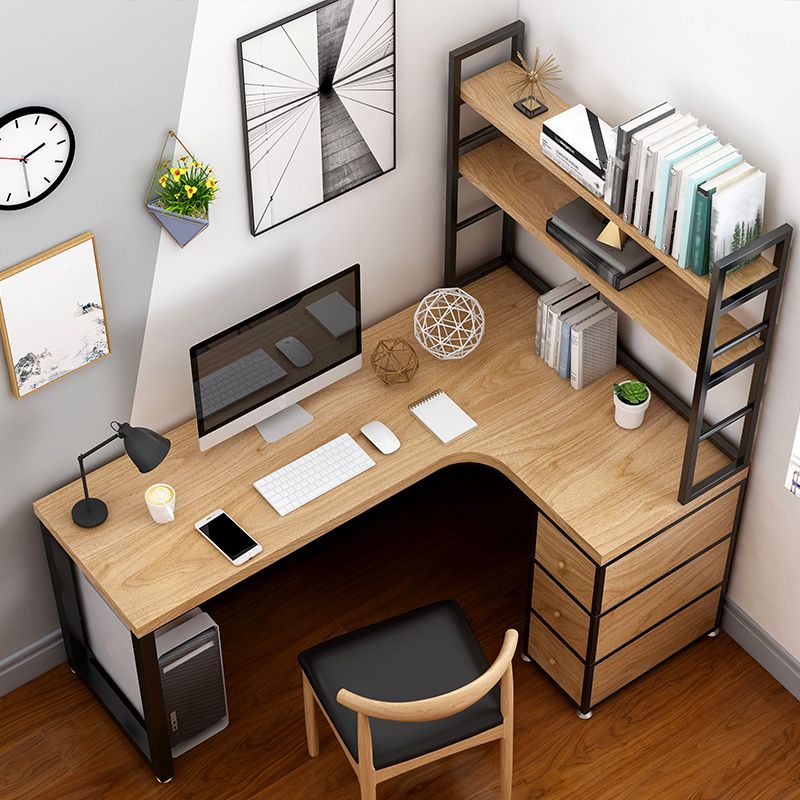 Corner Pine Wood Writing Desk Contemporary H-Shape Base Desk with Shelf