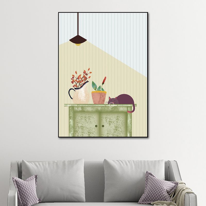 Kitty and Potted Plant Art Print Kids Style Textured Surface Sitting Room Canvas