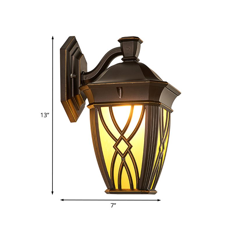 Curved Arm Frosted Glass Sconce Countryside 1 Bulb Outdoor Wall Mounted Lighting in Coffee