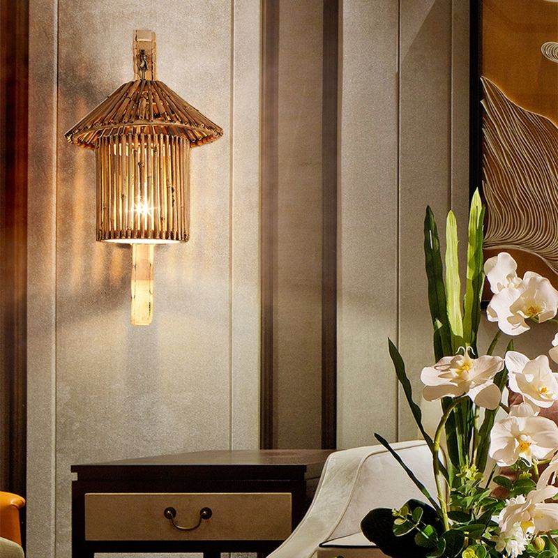 Holzzylinder/Haus/Teekannen Wandlampe Tradition Bambus 1 Glühbirnenleuchte mit gebogenem/Halbzylinderarm