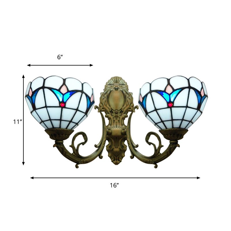 Stained Glass Domed Wall Sconce 2 Heads Traditional Tiffany Wall Lamp in White for Hotel