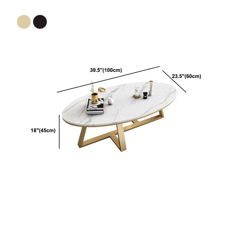 White Oval Stone Top Coffee Table with Iron Cross Base Cocktail Table
