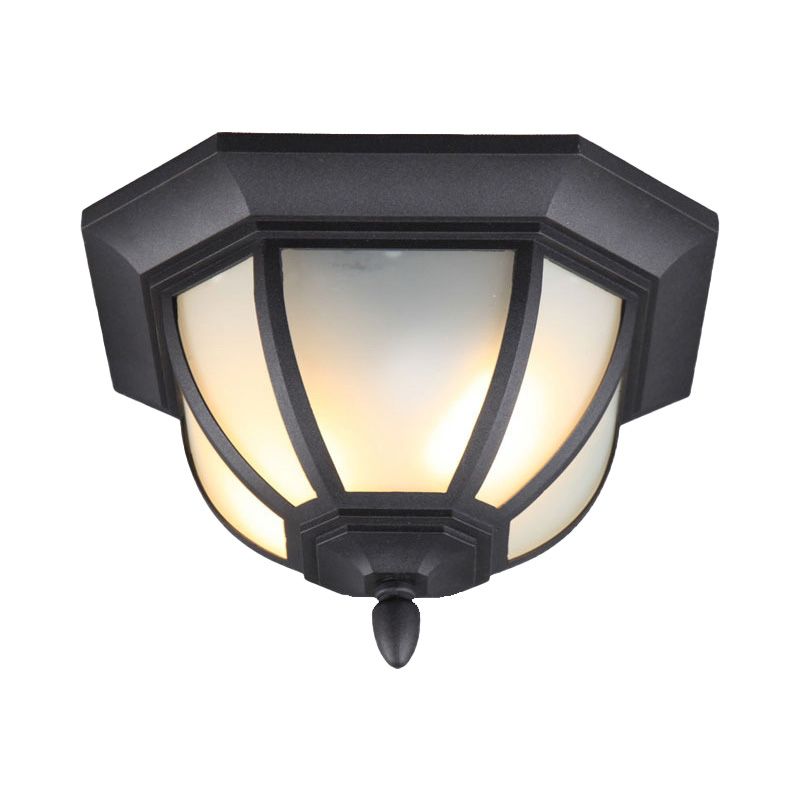 Industrial Bowl Flush Ceiling Light Opal Glass 2 Lights Outdoor Flush Mount in Black
