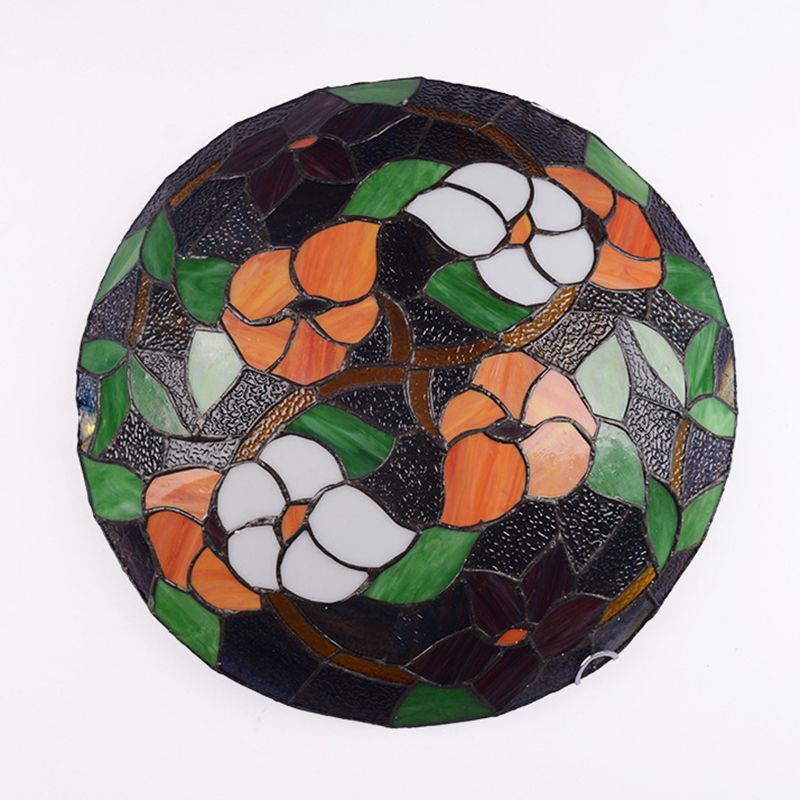 Bedroom Ceiling Fixture Tiffany Black Flush-Mount Light with Round Stained Glass Shade