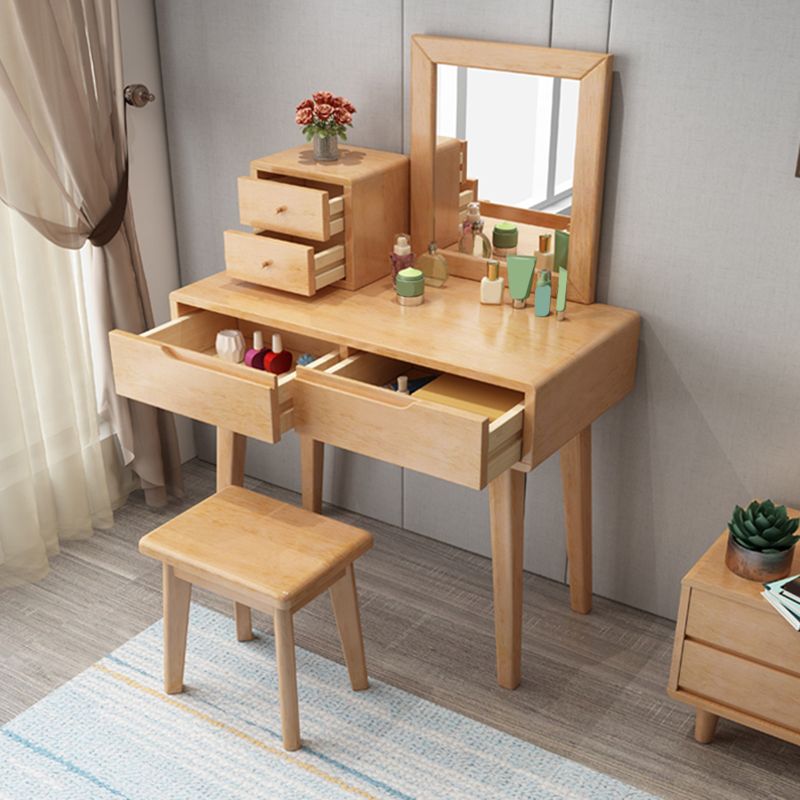 Scandinavian Solid Wood Vanity Dressing Table with Mirror, 30.7" Tall