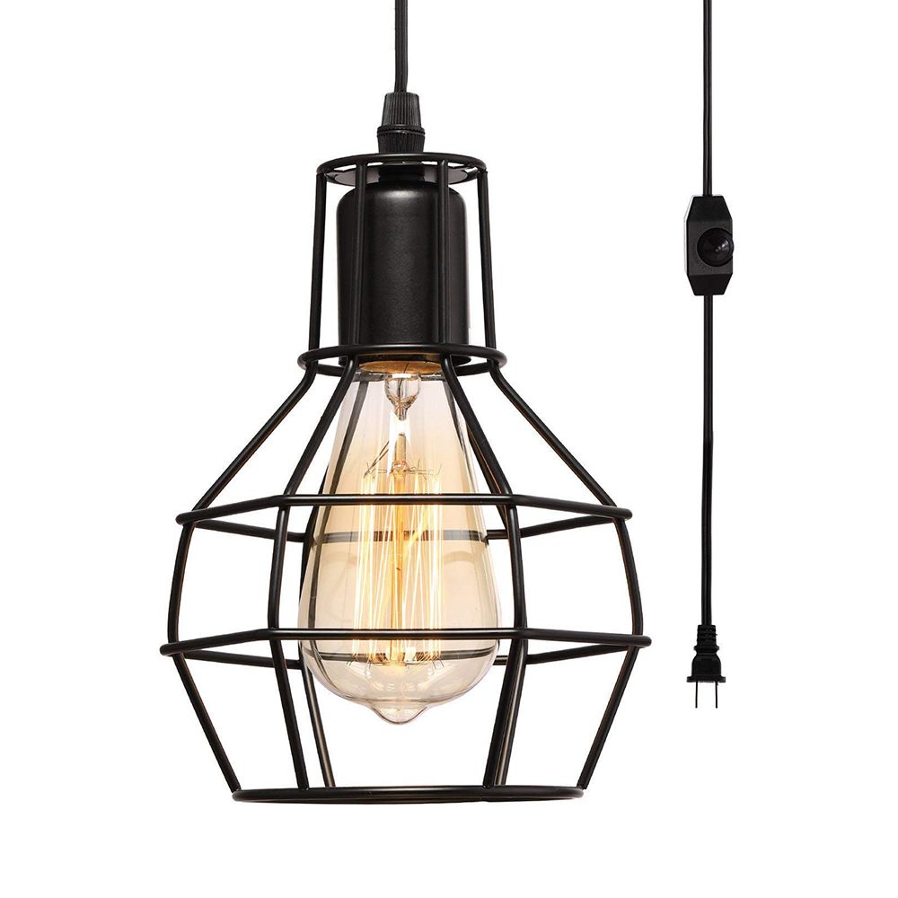 1 Bulb Plug In Suspension Light with Globe Cage Shade Retro Loft Black Metal Hanging Ceiling Light