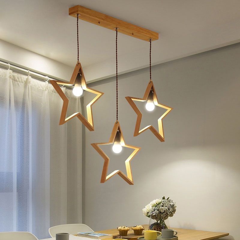 Houten stervraad frame multi -suspensie verlichting Noordse stijl 3 koppen hanglampje plafondlicht