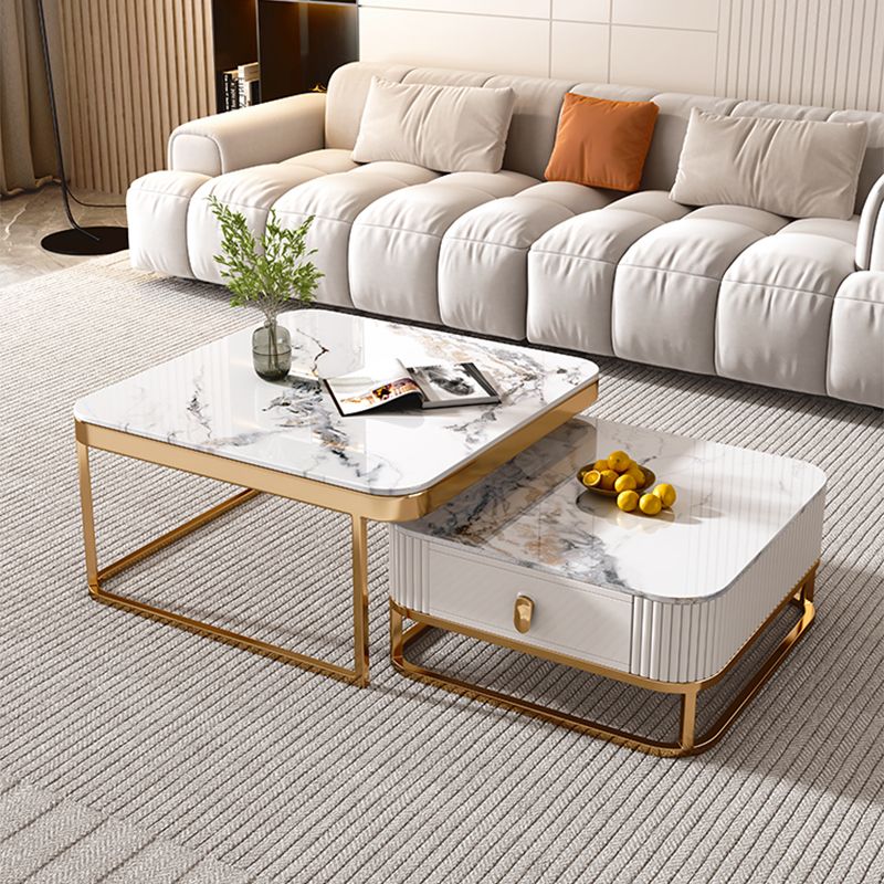 Glam Coffee Table Set Slate 2-Piece Coffee Cocktail Table with Drawer