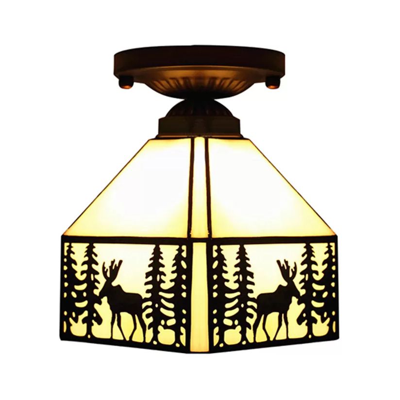 Plafonnier Mission, semi-plafonnier géométrique en beige avec abat-jour en verre artistique et motif de cerf pour chambre à coucher