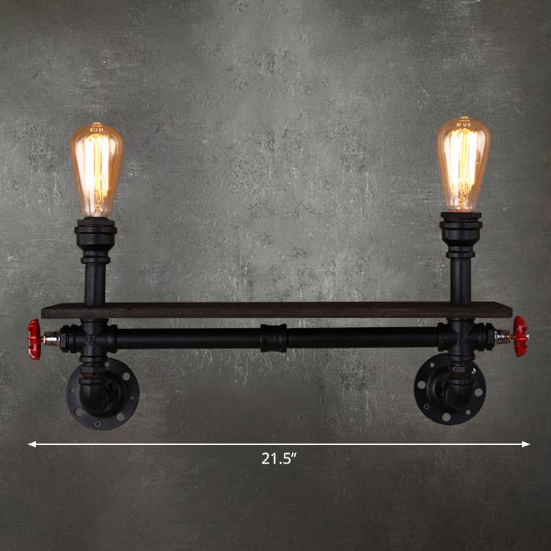 2 Heads Wall Light Retro Water Pipe Shelf Iron Wall Lighting Fixture in Black for Living Room