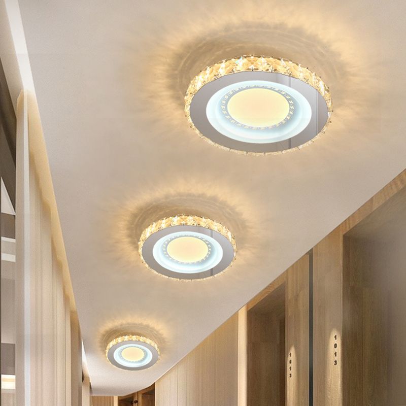 Circular Mini LED Ceiling Flush Simple Stainless Steel Crystal Flush Light Fixture for Corridor