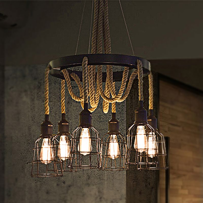 Black Multi Light Chandelier Pendant Light Vintage Style Metal Global/Bell Cage Pendant Lamp with Rope