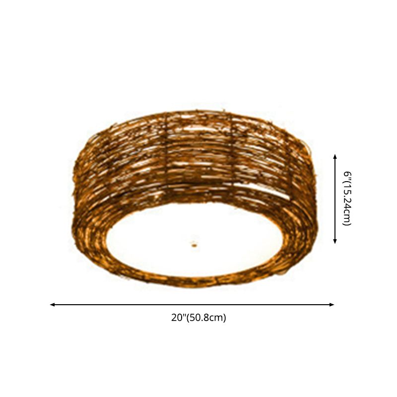 Luminaire de plafond encastré en rotin asiatique, tambour marron pour salle à manger