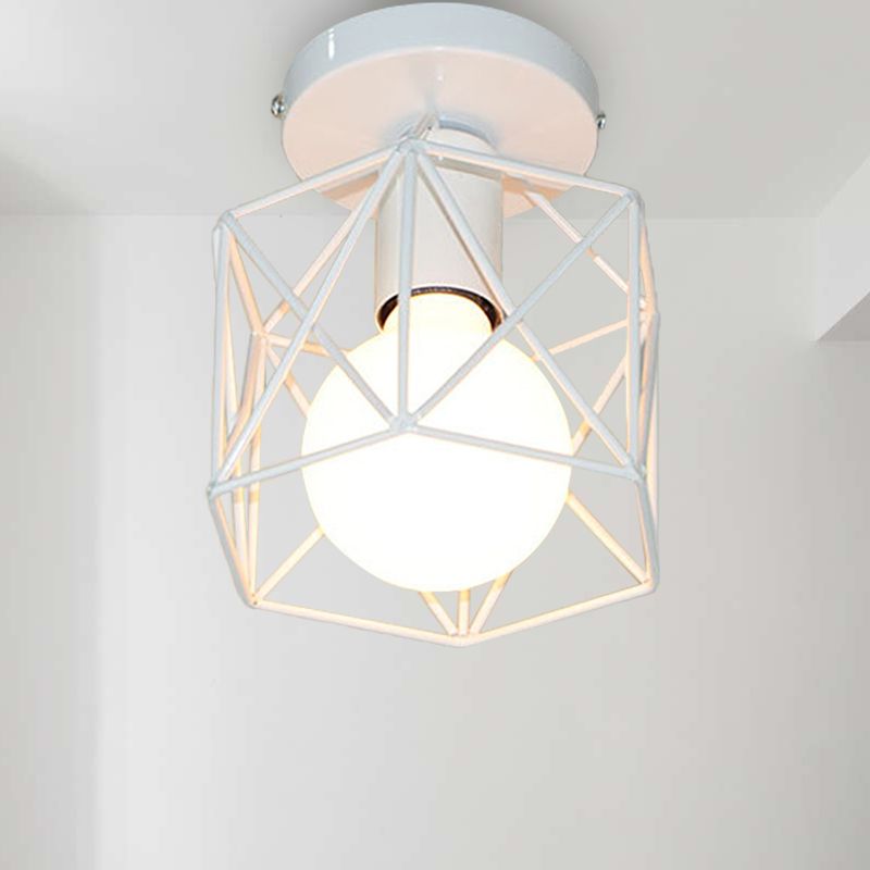 Hexagon Iron Ceiling Mounted Fixture with Cage Shade Vintage Stylish 1 Bulb Balcony Close to Ceiling Lamp in Black/White