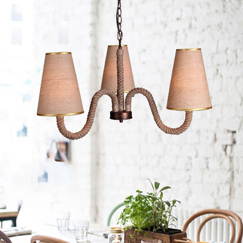 Beige 3/5/8 Heads Ceiling Chandelier Antiqued Rope Curved Arm Hanging Light Fixture with Cone Fabric Shade