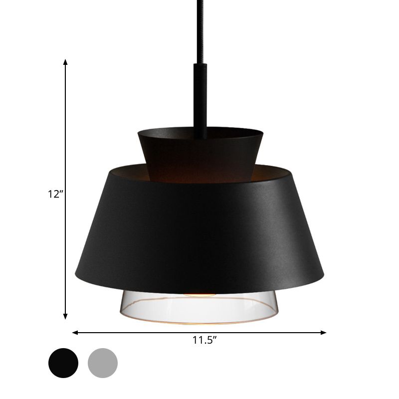 2 Tiers Shade Hanging Pendant Light Minimalist Iron Single Black/White Ceiling Lamp with Transparent Glass Shade Inside