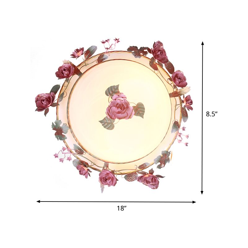 Bowl Dining Room Ceiling Lamp Countryside Metal 2/3/4 Bulbs White Flush Mount Light Fixture with Flower Decor