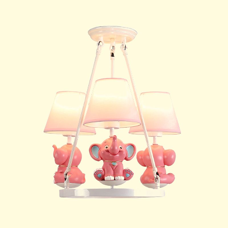 Resin Elephant Chandelier Light Fixture Kids 3 Heads Pink Pendant Lamp with Conical Fabric Shade