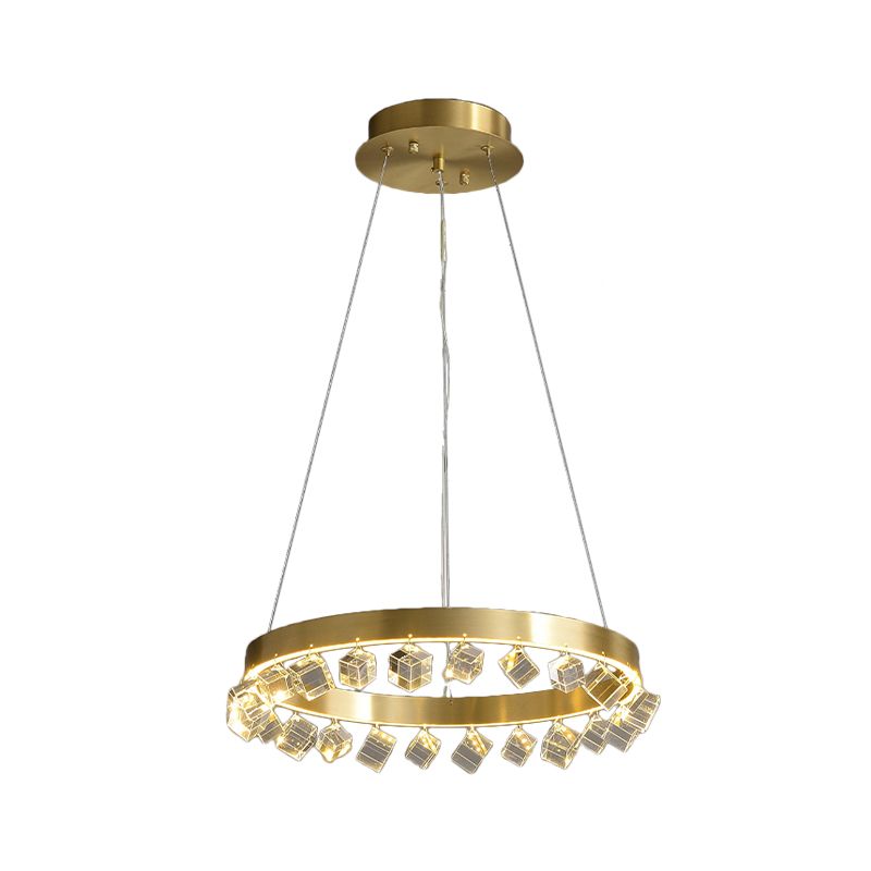 Loop Kitchen Dinette Chandelier Minimalistic Metal Gold Finish LED Pendant Light with Dangling Crystal Cube