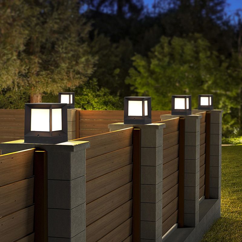 Contemporary Metal Pillar Lamp Rectangle Shape Outdoor Waterproof Light with Plastic Shade