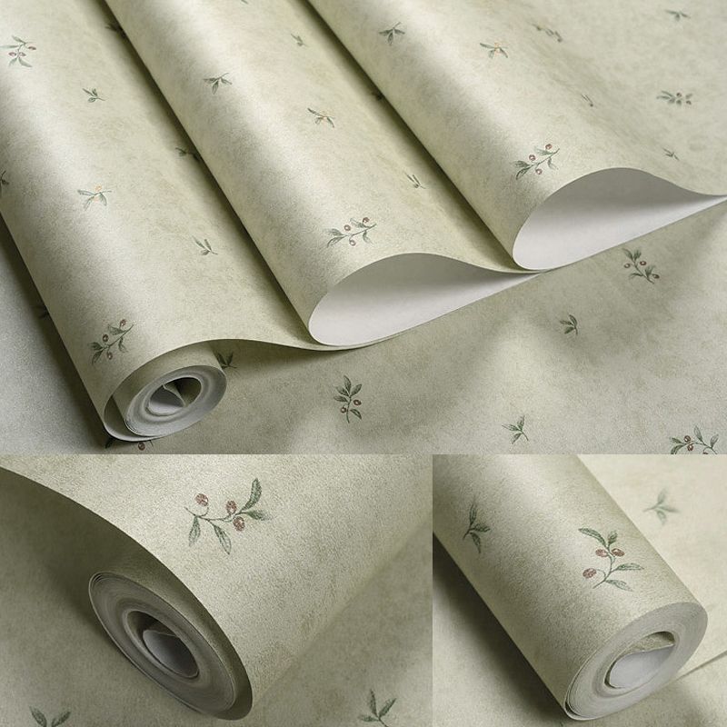 Decorazione da parete verde non incollata, carta da parati con ciliegie e foglie, per camera da letto