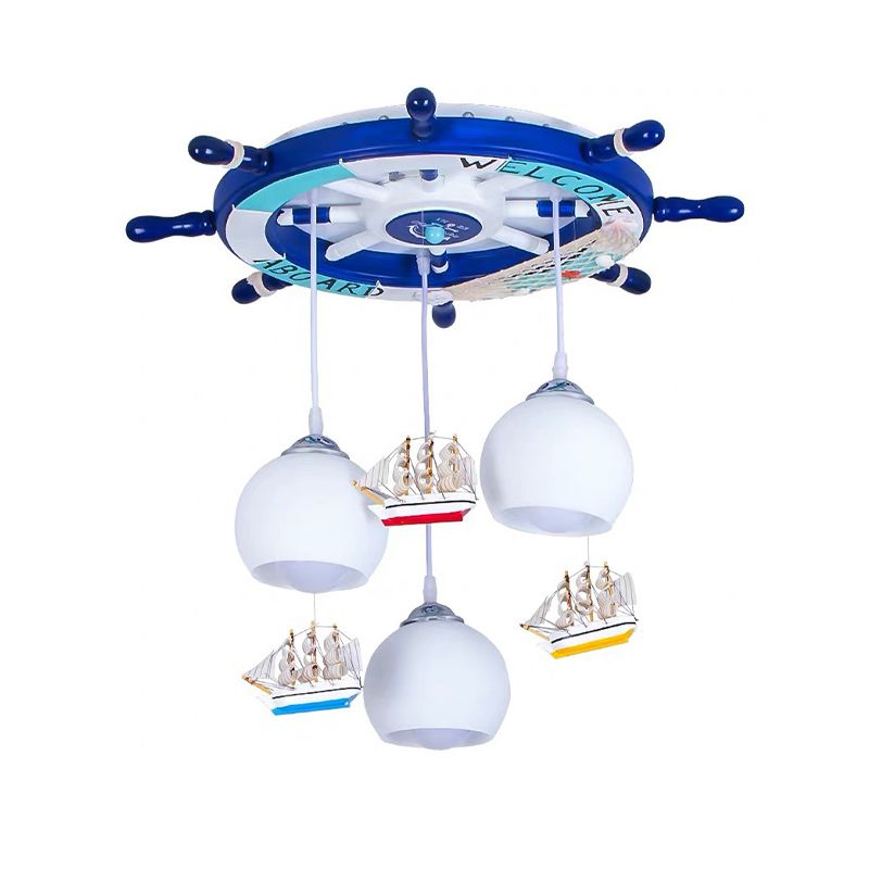 Cream Glass Rudder Cluster Pendant Kids 3-Bulb Light/Dark Blue Hanging Ceiling Light for Living Room