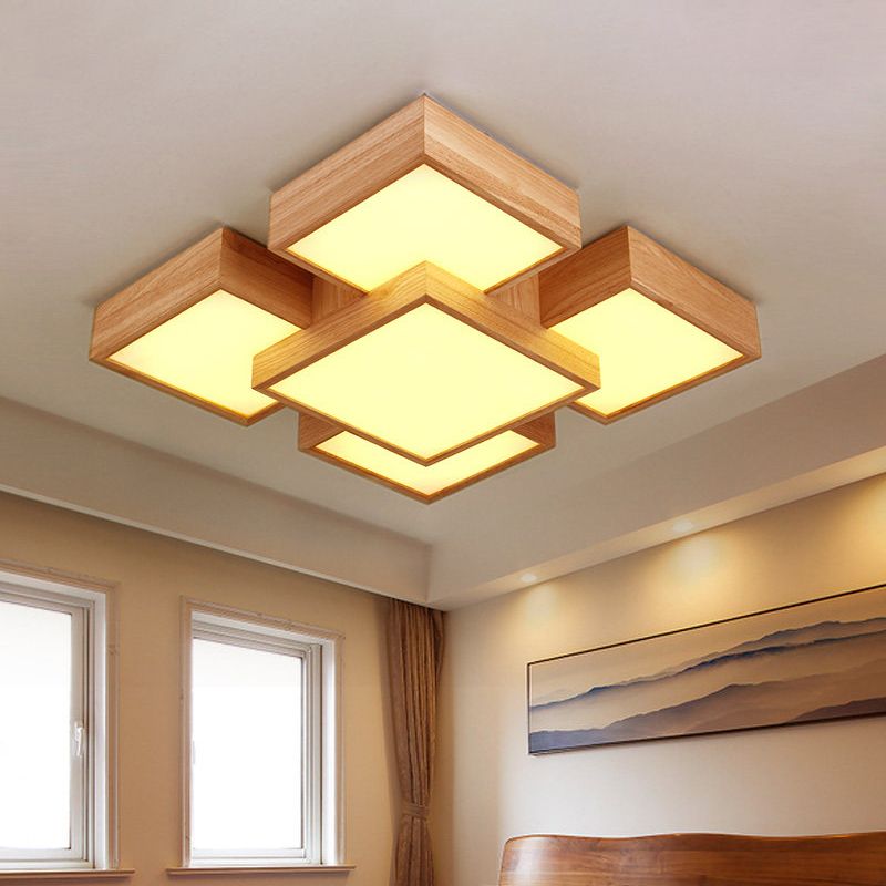 Beige vierkant/rechthoekblokspoellicht modern 22 "/31,5"/42 "brede LED houten plafond gemonteerde lamp