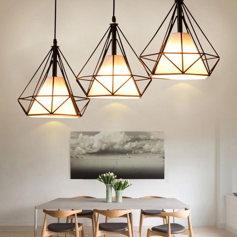 3 Lights Diamond Pendant Industrial Metal Ceiling Pendant with Hanging Cord for Restaurant