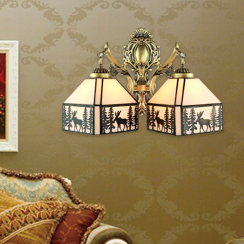 Small House Wall Sconce Retro Style Stained Glass 2 Heads Wall Light with Deer and Tree Pattern