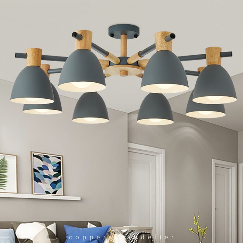 Nordic Style Chandelier Bell Shade Wooden Ceiling Light Fixture for Living Room