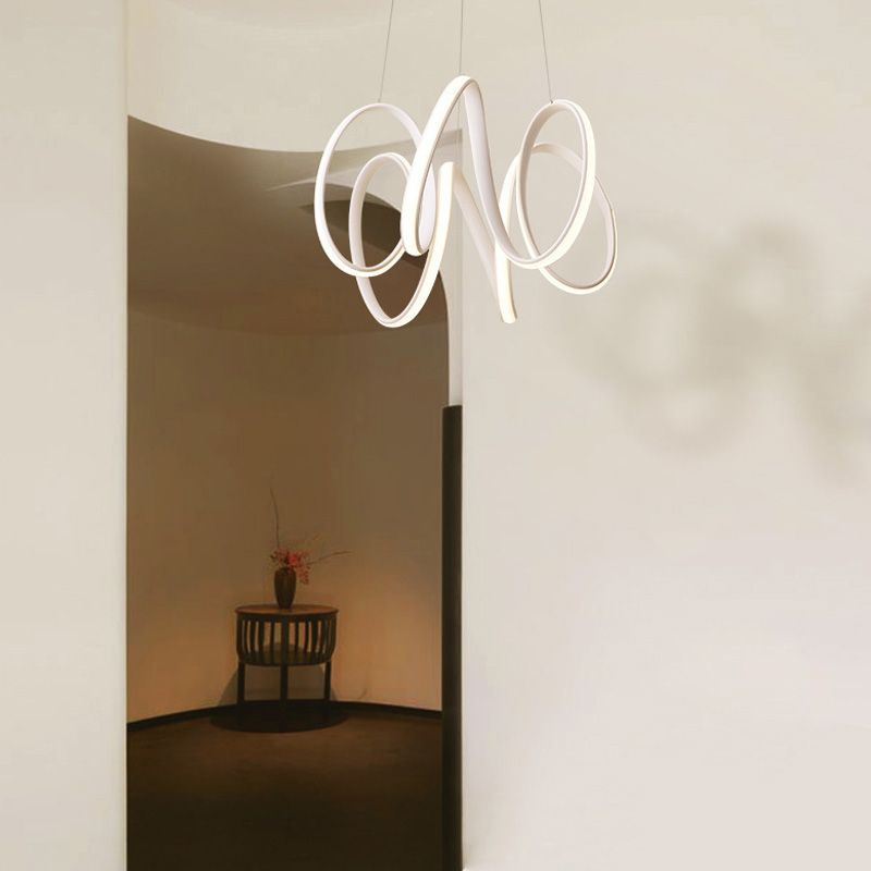 Minimalistische LED -Kronleuchterleuchte mit Acrylschatten weißer Kurve Anhängerleuchte in weiß/warmem Licht für Wohnzimmer