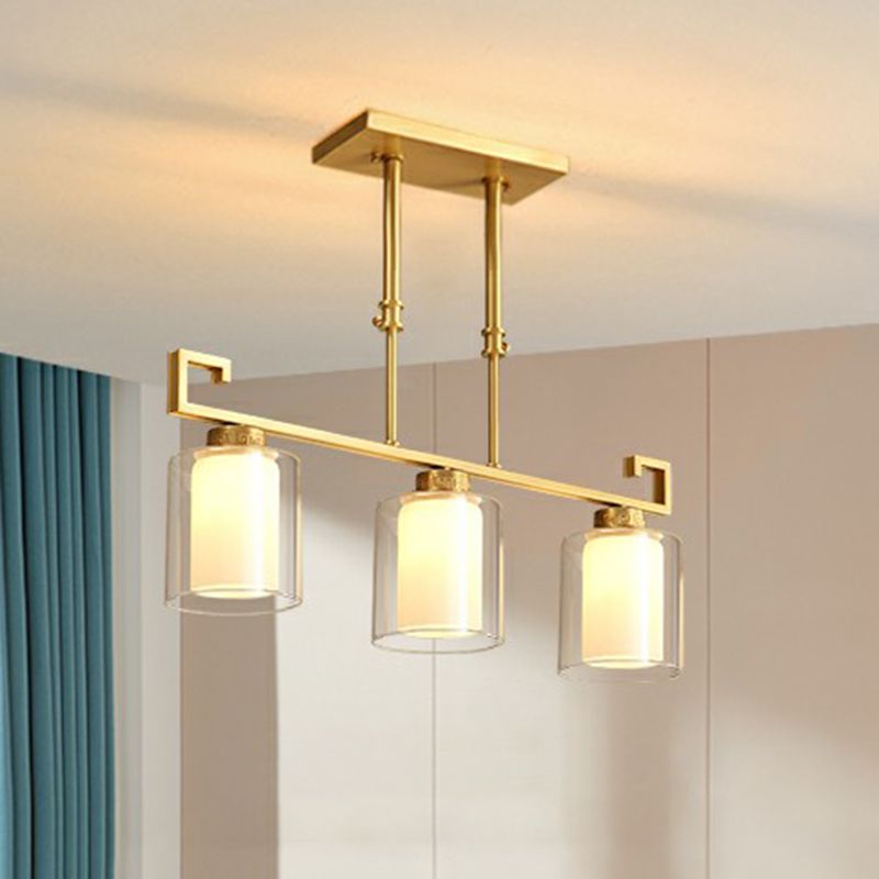 Brass 3-Light Island Lamp Traditional Clear and Frosted Glass Cylindrical Suspension Light