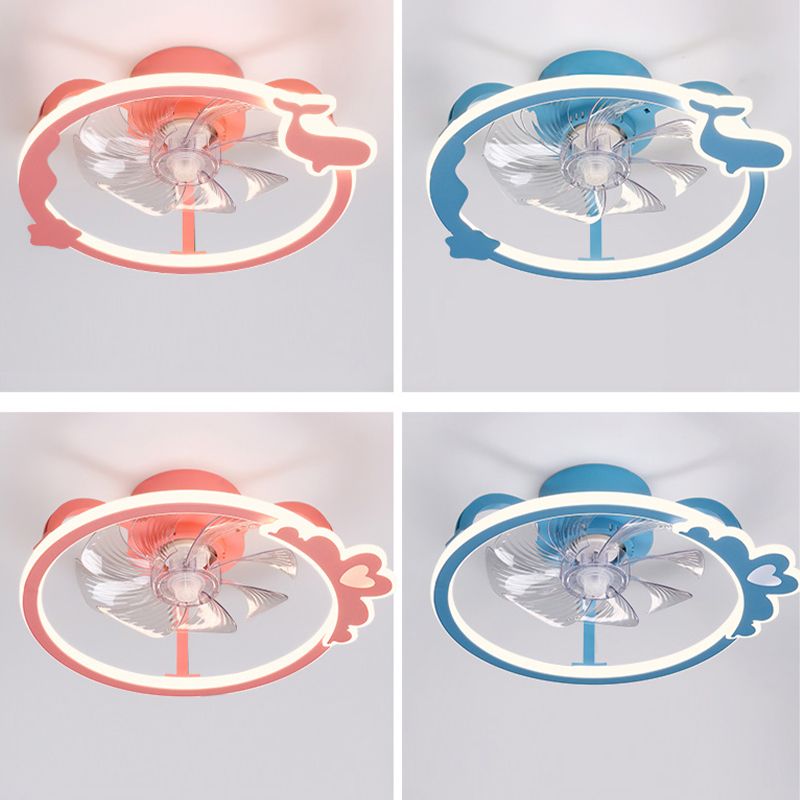Circular Cartoon Ceiling Fan Light Fixture Children Bedroom LED Semi Flush Mount Lamp