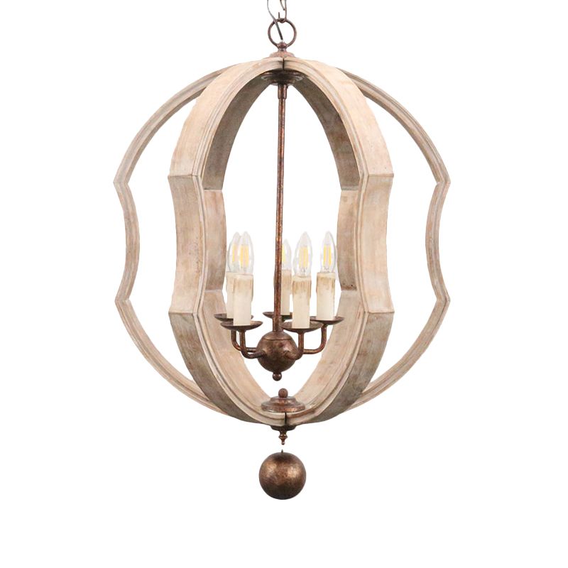 Distressed White Globe Chandelier Lighting Modern Wood 5 Bulbs Pendant Light Fixture with Adjustable Chain