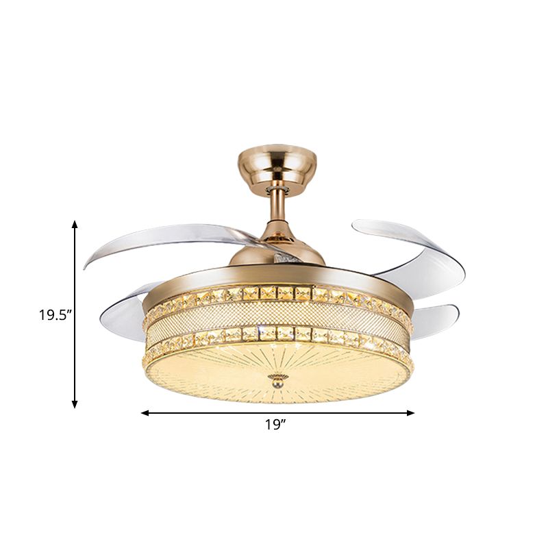 Facetted Crystal Drum Anhänger Lüfter Licht modernist 19 "Breite LED GOLD SEMI BUSCH LAMP mit 4 Klingen