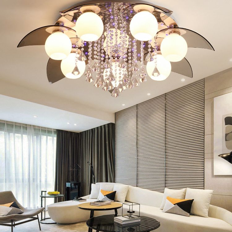 Lámpara de techo de globo de metal de estilo moderno y lujoso con montaje empotrado de cristal plateado y decoración de cristal